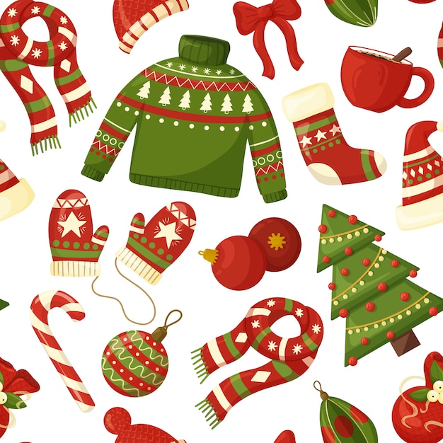 Patrón sin fisuras de Navidad con elementos de temporada.