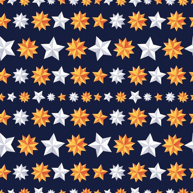 Patrón sin fisuras de Navidad con estrellas doradas y blancas sobre un fondo azul. Adecuado para envoltura de vacaciones.