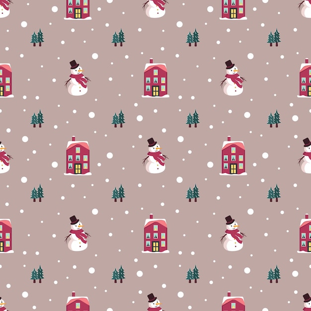Patrón sin fisuras con la Navidad festiva casas árboles muñeco de nieve y copos de nieve sobre fondo rosa brillante ...