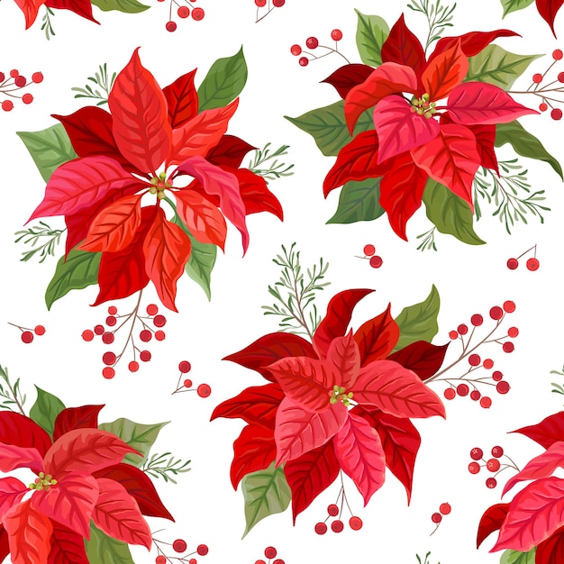 Patrón sin fisuras de Navidad con flor de invierno, Poinsettia, muérdago, ramas de árbol Rowan con bayas. Ilustración de vector floral dibujado a mano para envolver papel, textil, tela, impresión, papel tapiz