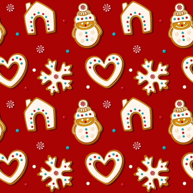 Patrón sin fisuras de navidad con galletas de jengibre sobre fondo rojo. galletas caseras de navidad en forma de casa y copo de nieve, muñeco de nieve y corazón. ilustración vectorial