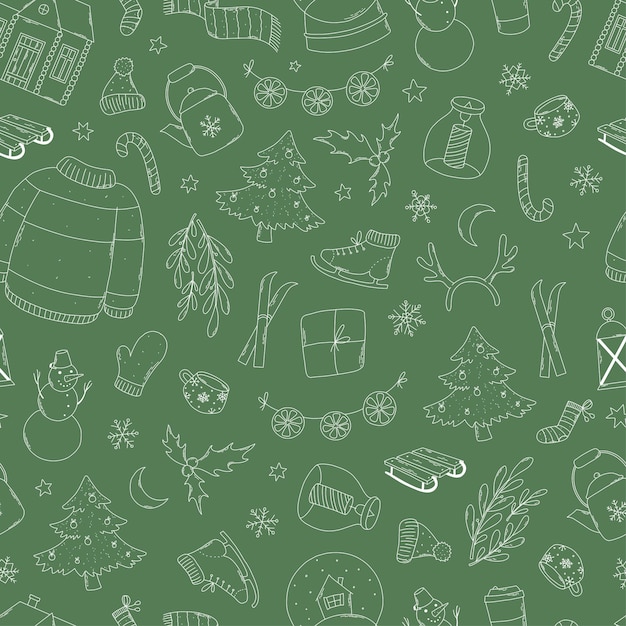 Patrón sin fisuras de Navidad con garabatos dibujados a mano sobre fondo verde para papel de regalo, impresiones