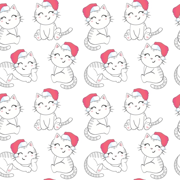 Patrón sin fisuras de Navidad con la imagen de lindos gatitos en el sombrero de Santa Claus.
