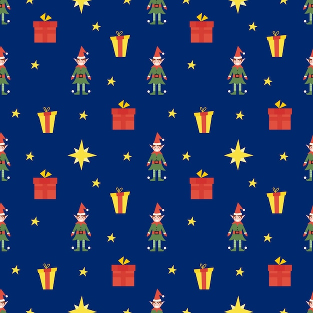 Patrón sin fisuras de Navidad con lindas estrellas y regalos de elfos