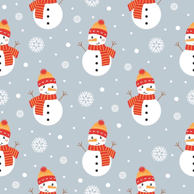 Patrón sin fisuras de Navidad con lindo muñeco de nieve y copos de nieve Ilustración de dibujos animados de vector moderno