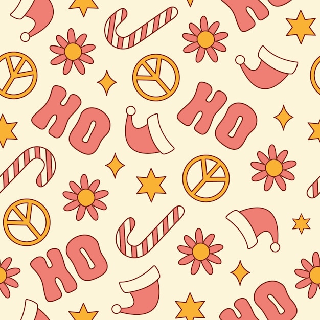 Patrón sin fisuras de Navidad maravilloso hippie. Fondo floral festivo retro en estilo años 60, 70.