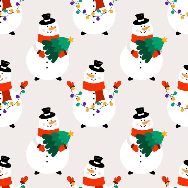 Patrón sin fisuras de Navidad con muñecos de nieve. Fondo de vector plano con muñecos de nieve en estilo de dibujos animados.
