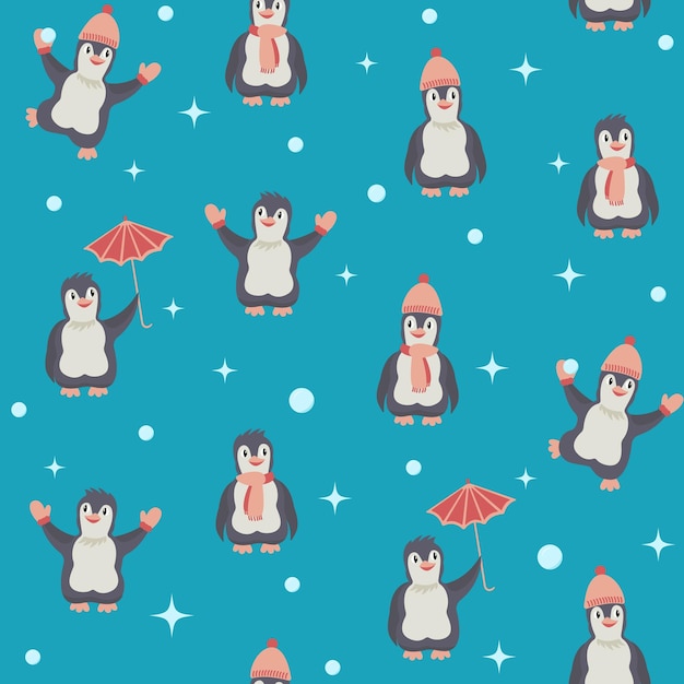 Patrón sin fisuras de Navidad de pingüinos de dibujos animados lindo con ropa de abrigo Ilustración de vector de invierno