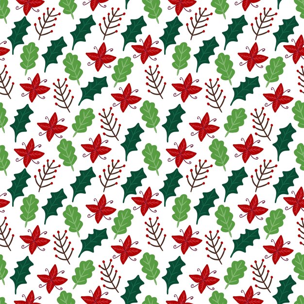 Patrón sin fisuras de Navidad con rama de decoración, ramita, flor aislada sobre fondo blanco.