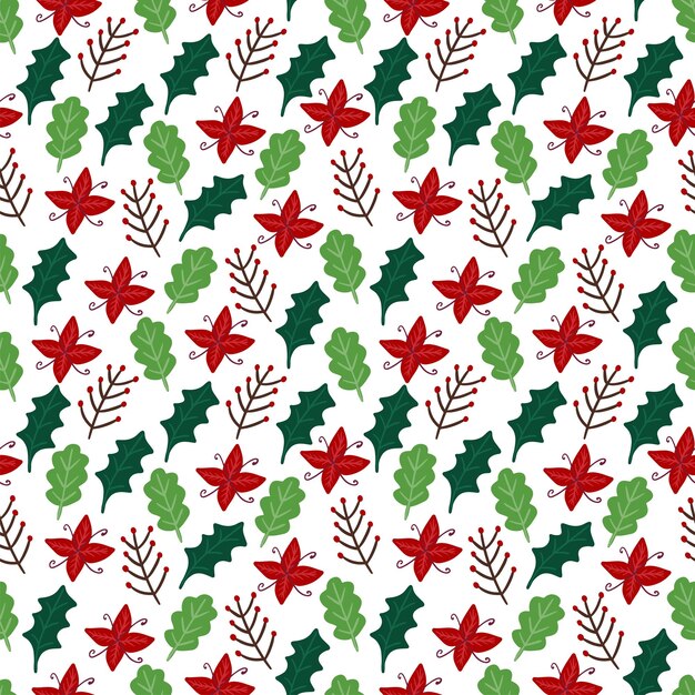 Patrón sin fisuras de Navidad con rama de decoración, ramita, flor aislada sobre fondo blanco.