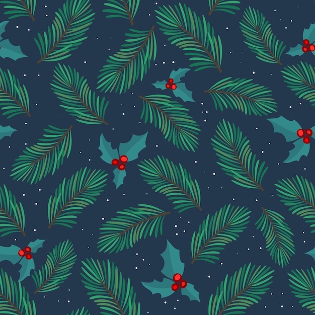 Patrón sin fisuras de Navidad con ramas de pino y acebo