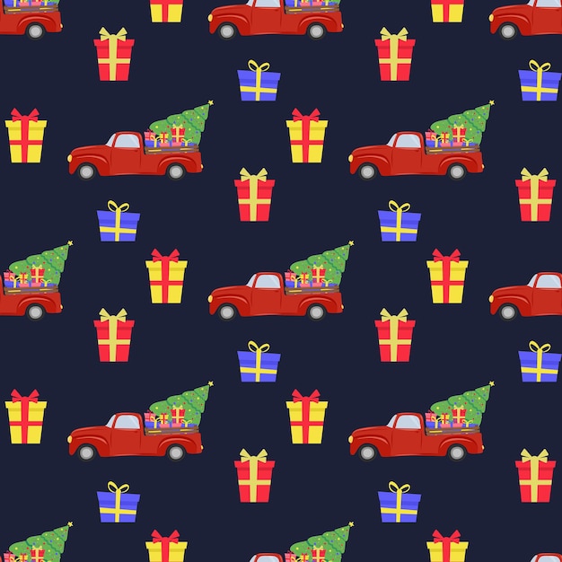 Patrón sin fisuras de navidad con regalos de árbol de navidad de coche rojo
