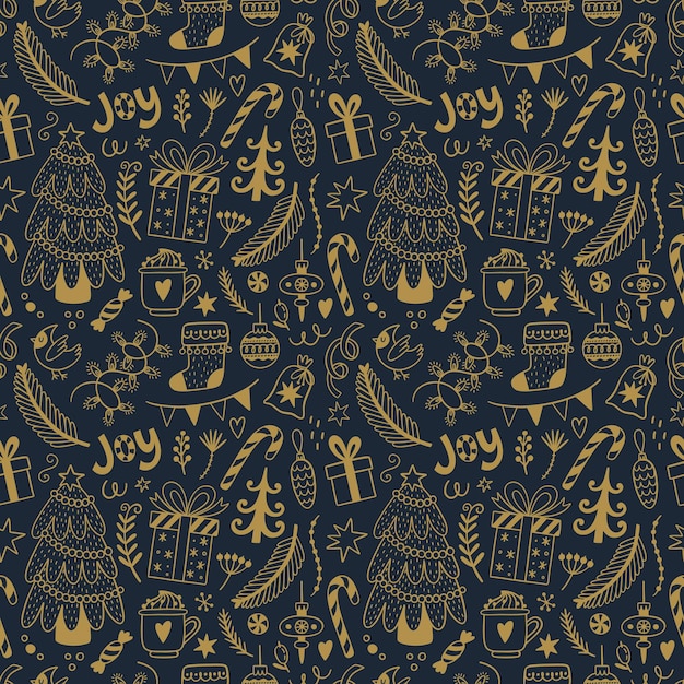Patrón sin fisuras de Navidad con símbolos tradicionales de vacaciones sobre fondo oscuro. ilustración vectorial