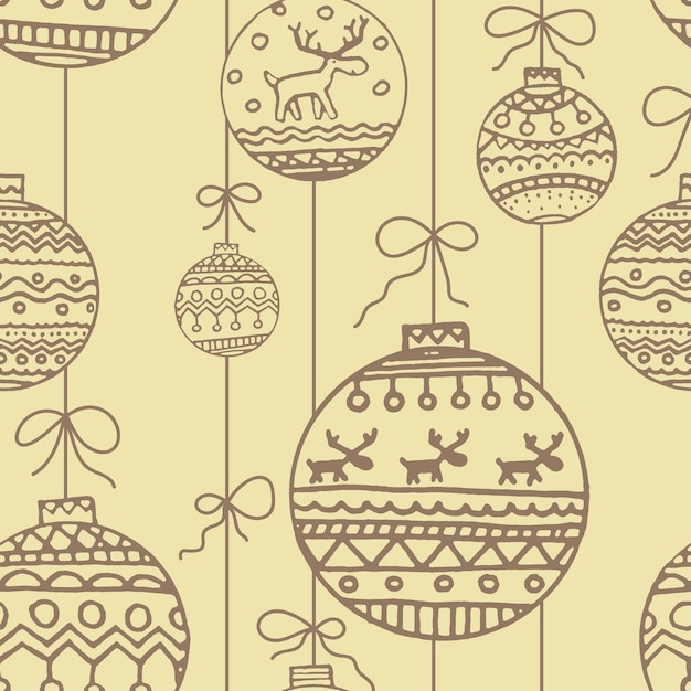 Patrón sin fisuras para navidad sobre fondo amarillo. doodle bolas de navidad icono delgada línea