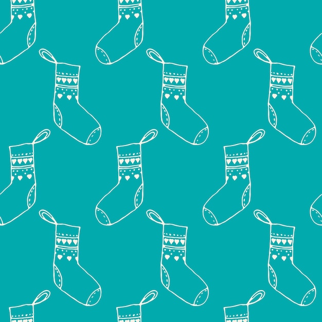 Patrón sin fisuras para Navidad sobre un fondo azul. Doodle navidad calcetines icono delgada línea