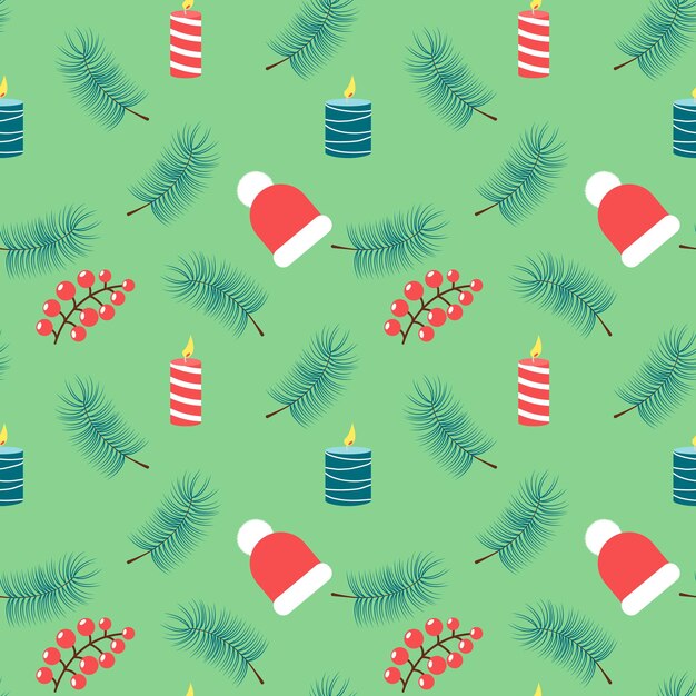 Patrón sin fisuras de Navidad con sombrero velas bayas y rama de pino