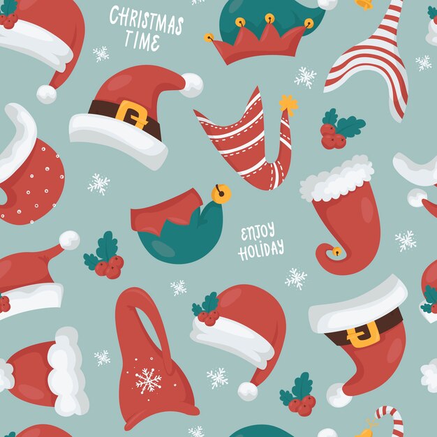 Patrón sin fisuras de Navidad con sombreros de Santas y Gnomos.
