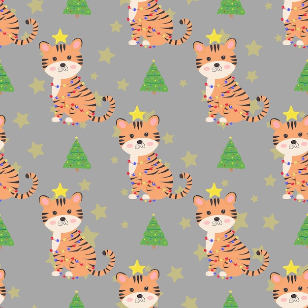 Patrón sin fisuras de Navidad con tigre lindo y árbol de Navidad Concepto de año nuevo