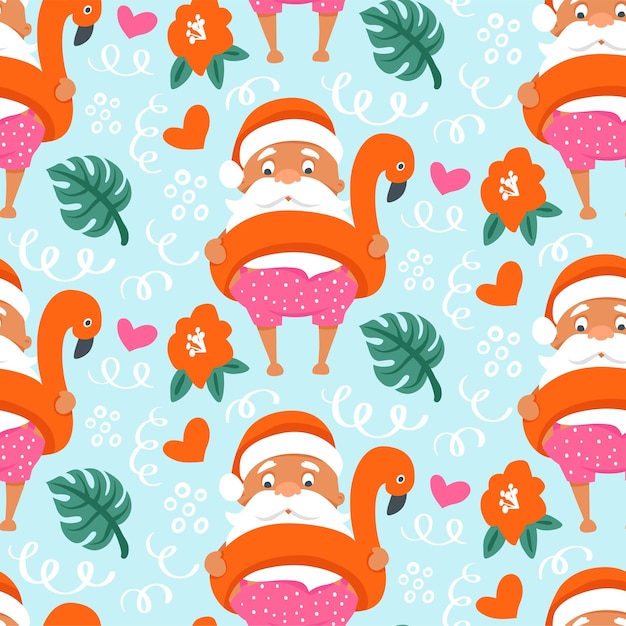 Patrón sin fisuras de Navidad tropical con verano Santa Claus en anillo inflable flamingo.
