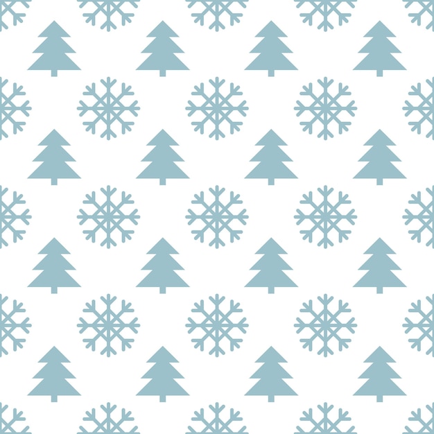 Patrón sin fisuras de Navidad universal. Árboles de Navidad azules y copos de nieve sobre un fondo blanco.