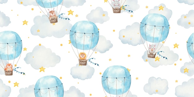 Patrón sin fisuras para niños con animales en globos, ilustración para niños lindos