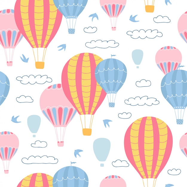 Patrón sin fisuras de los niños con globos de aire, nubes y pájaros sobre fondo blanco. Linda textura para el diseño de la habitación de los niños.