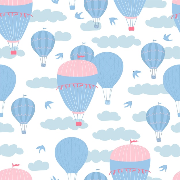 Patrón sin fisuras de los niños con globos de aire, nubes y pájaros sobre fondo blanco. Textura linda para el diseño de la habitación de los niños, papel tapiz, textiles, papel de regalo, ropa. Ilustración vectorial