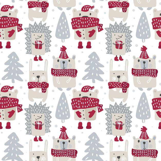 Patrón sin fisuras de los niños de Navidad con lindos osos y erizo y conejo de invierno en estilo escandinavo de dibujos animados simple