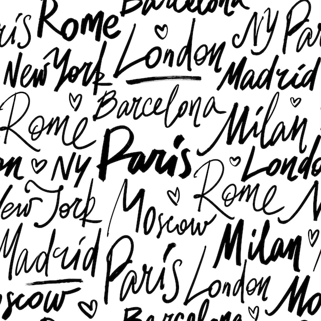 Patrón sin fisuras con nombres de ciudades del mundo París, Madrid, Barcelona, Roma, Milán, Londres, Moscú y Nueva York. Ilustración de caligrafía de pincel dibujado a mano moderno