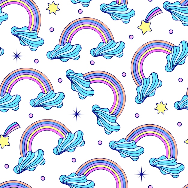 Patrón sin fisuras con nubes, arco iris y estrellas sobre fondo blanco.