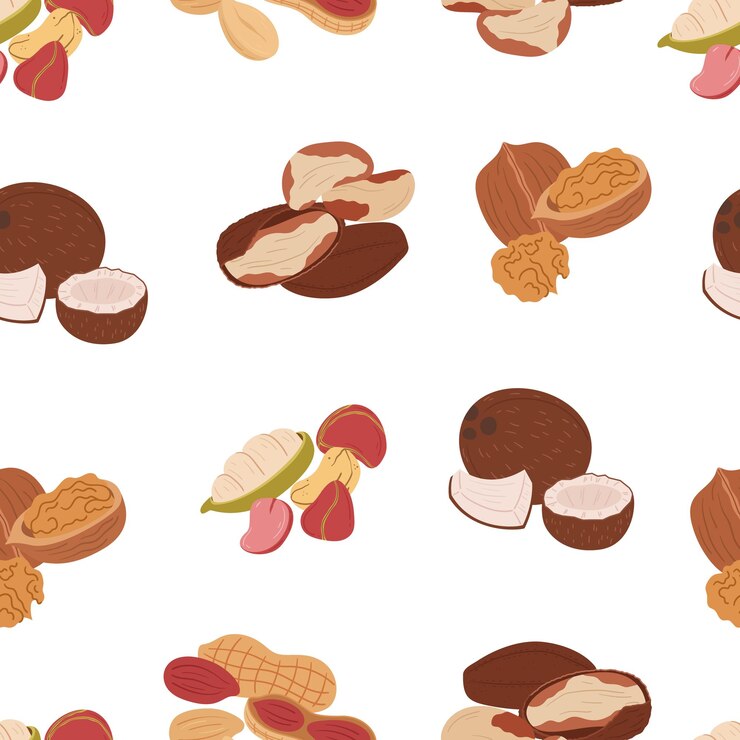 Vector patrón sin fisuras con nueces almendra nuez brasil y maní con nuez moscada pecan anacardo pistacho y castaña coco piñón macadamia y avellana de manchuria o nuez de cola vector de dibujos animados
