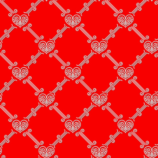 Vector patrón sin fisuras ornamentales con corazones sobre fondo rojo.