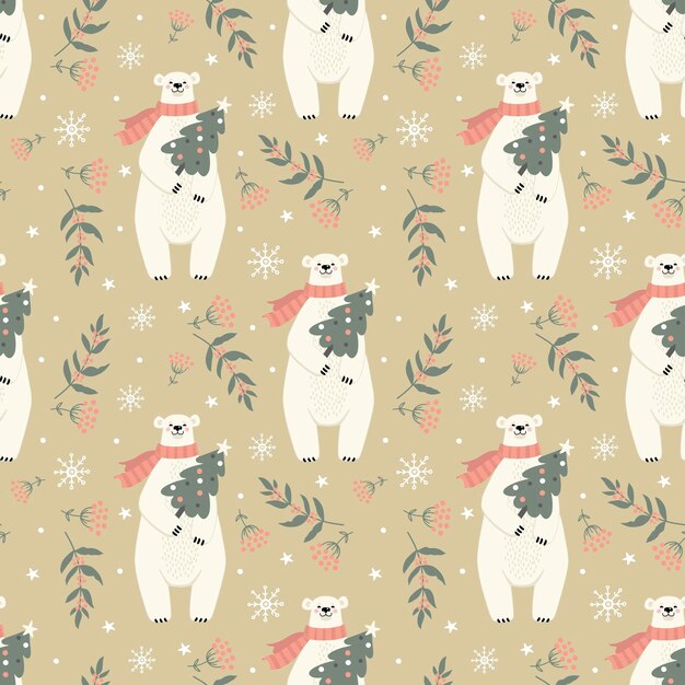 Patrón sin fisuras con oso polar y decoración de invierno para vacaciones de año nuevo en vector de fondo beige