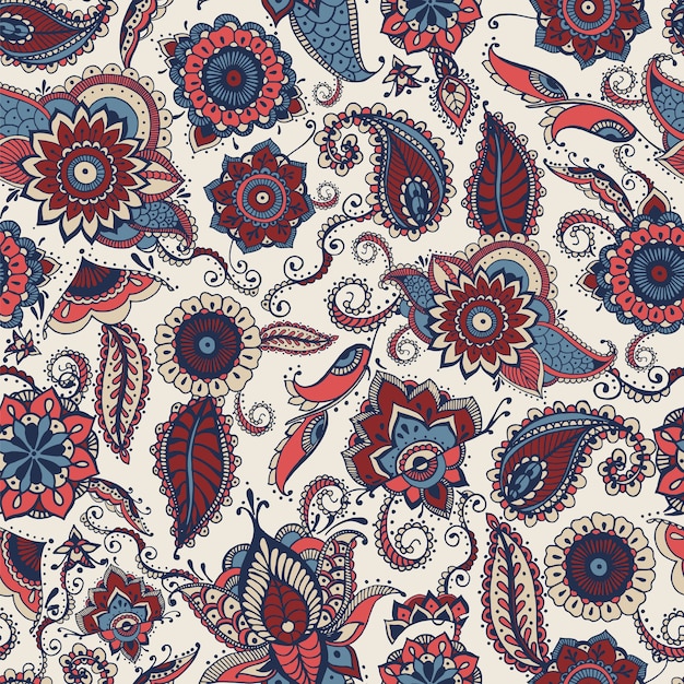 Patrón sin fisuras de Paisley con motivos étnicos indios o turcos abigarrados en blanco