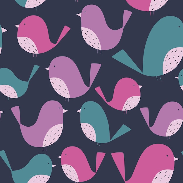 Patrón sin fisuras con pájaros estilizados sobre fondo oscuro. Fondo de repetición de vector dibujado a mano