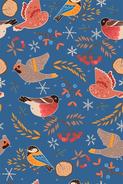 Patrón sin fisuras con pájaros rusos de invierno. .