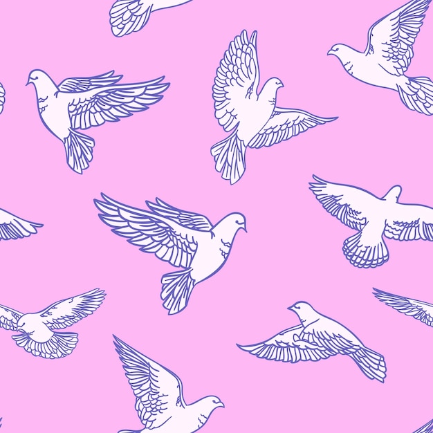 Patrón sin fisuras con palomas pintadas sobre un fondo rosa. Ilustración vectorial