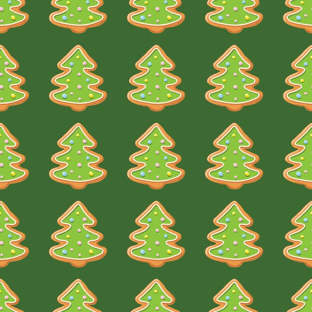 Patrón sin fisuras de pan de jengibre de Navidad. Galletas de jengibre sobre fondo verde. Ilustración vectorial. Lindo fondo de Navidad para papel tapiz, papel de regalo, rellenos de patrón, textil, tarjetas de felicitación