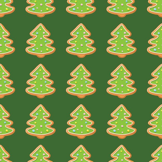 Patrón sin fisuras de pan de jengibre de navidad. galletas de jengibre sobre fondo verde. ilustración vectorial. lindo fondo de navidad para papel tapiz, papel de regalo, rellenos de patrón, textil, tarjetas de felicitación