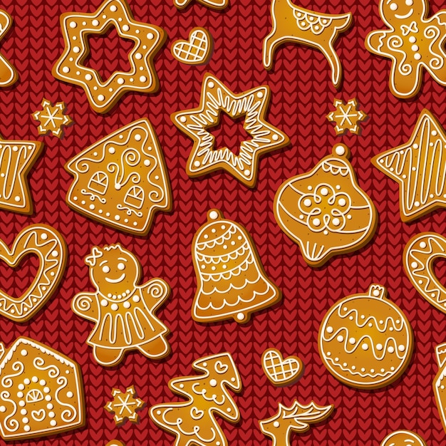 Patrón sin fisuras de pan de jengibre de Navidad sobre fondo rojo tejido. Galletas festivas en forma de hombres, copos de nieve y árboles, estrellas y casas, copos de nieve y renos. Vector de diseño de galletas al horno.