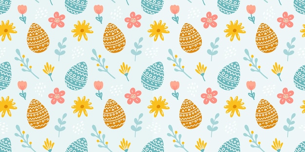 Patrón sin fisuras de Pascua con huevos flores y plantas sobre fondo azul Vector ilustración plana