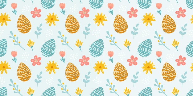 Patrón sin fisuras de Pascua con huevos flores y plantas sobre fondo azul Vector ilustración plana