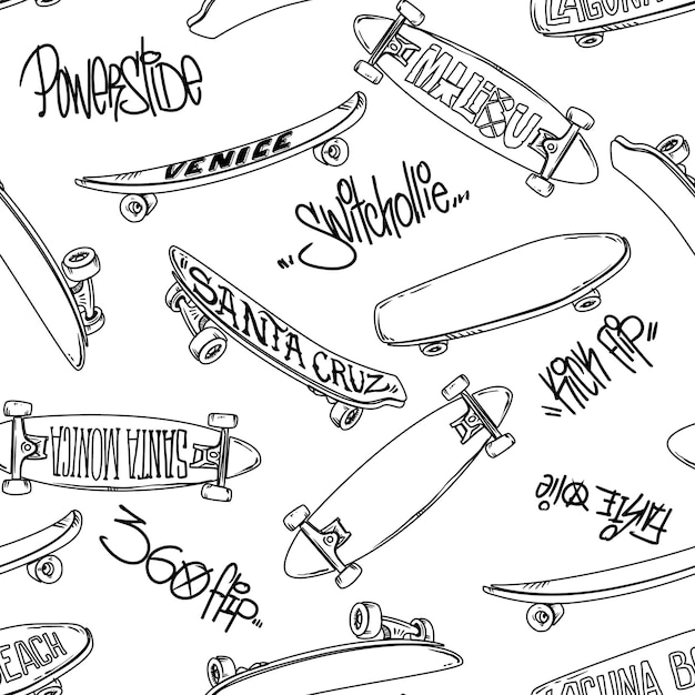 Patrón sin fisuras con patineta de dibujos animados y truco de inscripción de graffiti, skate. | Vector Premium Patrón sin fisuras con patineta de dibujos animados y truco de inscripción de graffiti, skate. | Vector Premium
