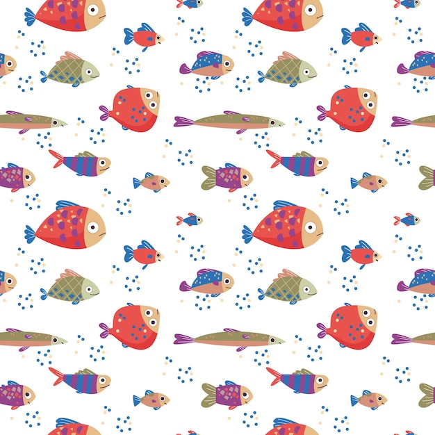 Patrón sin fisuras con peces sobre un fondo blanco rojo verde y azul perchas trucha caballa