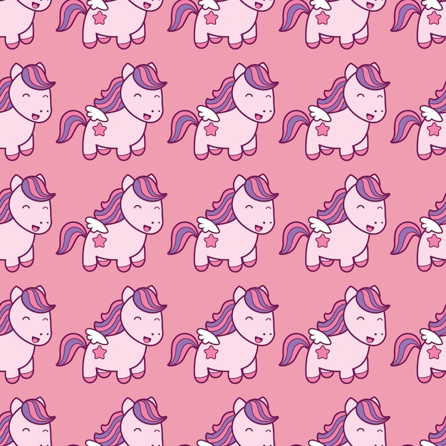 Patrón sin fisuras con pegaso en estilo japonés kawaii aislado sobre fondo rosa.
