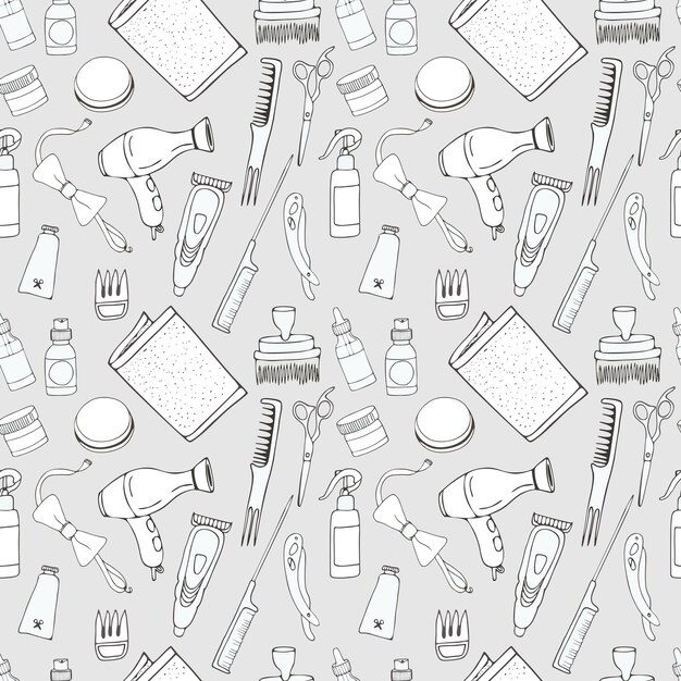 Patrón sin fisuras de peluquería Doodle aislado sobre fondo blanco, dibujado a mano. puedes colorearlo.
