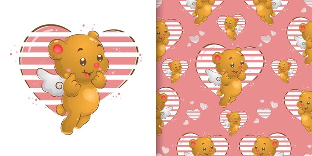 El patrón sin fisuras del pequeño oso de hadas con alas dando mucho amor en su expresión de ilustración