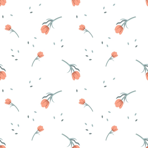 Patrón sin fisuras, pequeños capullos de tulipán y hojas dispersas sobre un fondo blanco. textil, fondo
