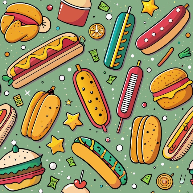 Un patrón sin fisuras de perritos calientes, hamburguesas y otros artículos de comida rápida en un fondo verde
