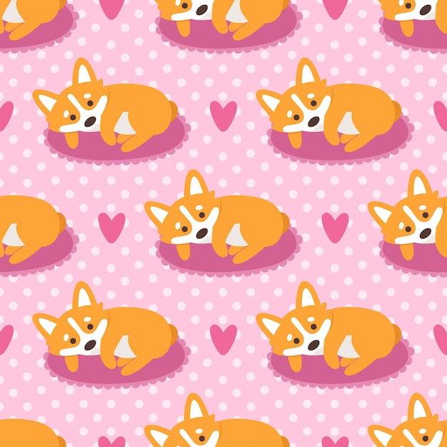 Patrón sin fisuras con perro corgi galés sobre un fondo rosa lunares con corazones